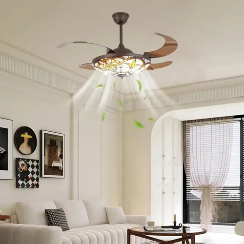 Miniatura 3 de LOYALHEARTDY Tiffany - Ventiladores de techo con luces y control remoto retráctil Tiffany de 42 pulgadas, 6 velocidades, 3 luces LED y función