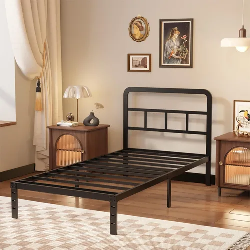 Miniatura 3 de Husleephu Marcos de cama individual con cabecero, marco de cama de plataforma individual de 12 pulgadas de metal resistente, no necesita somier
