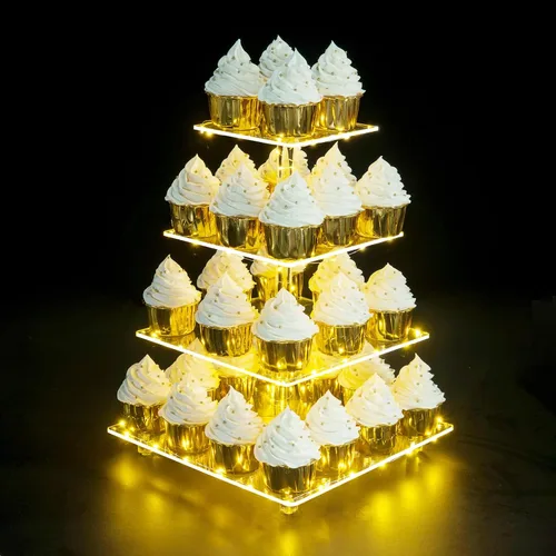 Miniatura 17 de Soporte para Cupcakes, Soporte Redondo para Cupcakes de 4 Niveles con Tira de Luces LED, Torre de Exhibición de Cupcakes de Acrílico para Bodas, Azul