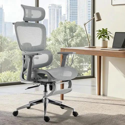 Miniatura 4 de Silla de oficina ergonómica, silla de escritorio de malla para el hogar, cómoda silla de juegos con reposapiés, ruedas, reposacabezas 2D ajustable