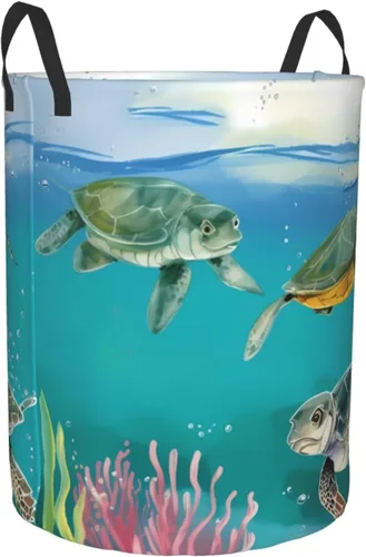 Miniatura 2 de Cesta circular con estampado de tortugas marinas y peces impermeable, cesta organizadora de lavandería, con asas, para ropa, juguetes, pequeña