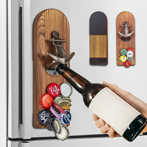 Miniatura 2 de Abrebotellas de cerveza montado en la pared con receptor de tapa magnética, abrebotellas magnético de madera para refrigerador, regalos de cerveza