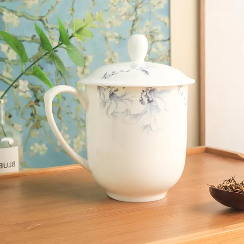 Miniatura 4 de Jingdezhen - Taza de té de porcelana fina con tapa de 12 onzas, taza de porcelana blanca para oficina y hogar (azul y blanco)