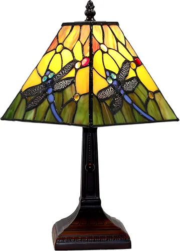 Amora Lámpara de mesa vintage Tiffany – Luz nocturna de mesa de libélula azul floral – Lámpara de mesa de noche de cristal amarillo y verde –