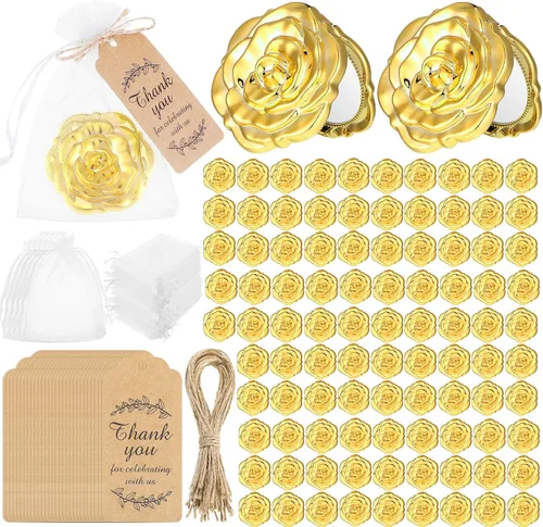 Panelee Juego de 96 espejos compactos de rosas a granel, recuerdos de fiesta de boda de quinceañera, incluyendo espejos en forma de rosa, etiquetas