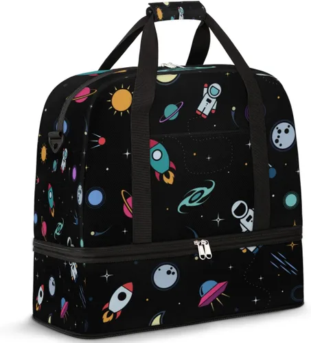 Rocket Airship Earth Astronaut Foldable Travel Duffel Bag Tote Carry On Luggage Sports Gym Bag With Shoe Compartment For Woman Man Overnight Weekend