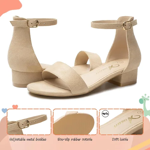 Miniatura 42 de Athlefit Sandalias para niñas, puntera abierta, correa en el tobillo, tacones bajos, zapatos de vestir para niñas pequeñas y grandes