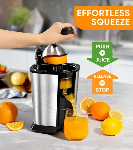 Miniatura 5 de exprimidor de naranja eléctrico, exprimidor de cítricos con 2 conos y mango de agarre suave para exprimir sin esfuerzo, máquinas extractoras de jugo