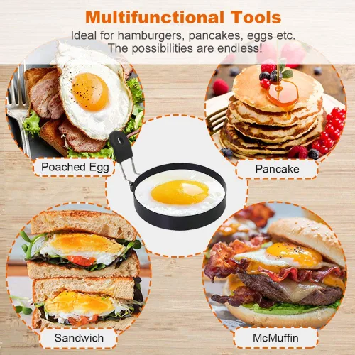 Miniatura 9 de COTEY Juego de 2 anillos de huevo de 3.5 pulgadas con mango de silicona, anillo grande para freír huevos, molde redondo para magdalenas inglesas