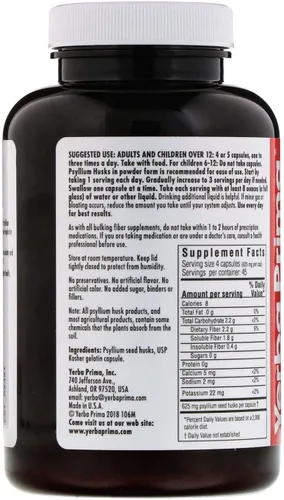 Miniatura 3 de Yerba Prima Cápsulas de cáscara de psyllium – 180 cápsulas (paquete de 4) – Suplemento de fibra natural – Sin gluten sin OMG