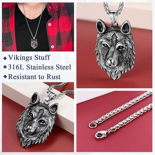 Miniatura 3 de FaithHeart Collar con colgante de lobo vikingo nórdico para hombres y mujeres, acero inoxidable, chapado en oro de 18 quilates, joyería con embalaje