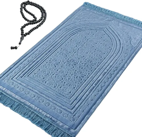 Miniatura 12 de Modefa Alfombra de oración de terciopelo de lujo con cuentas de oración, suave y elegante, alfombra musulmana turca Janamaz Sajada para hombres