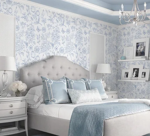 Miniatura 6 de CiCiwind Papel tapiz floral despegar y pegar, papel de contacto azul y blanco, bohemio moderno autoadhesivo removible para baño dormitorio