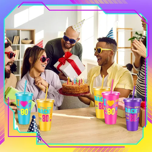 Miniatura 5 de Uiifan 12 vasos de plástico reutilizables de 24 onzas con tapa y popote para fiestas de los años 80, para decoración de fiestas de los 80