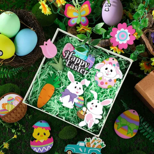 Miniatura 6 de Qunclay 24 piezas de adornos de madera de primavera de Pascua, huevos de flores, conejo, huevo, letreros colgantes para árbol, decoraciones