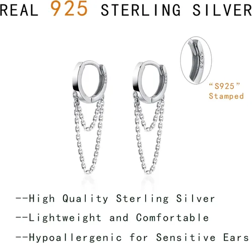 Miniatura 6 de Reffeer Aretes de aro pequeños de plata de ley 925 con borla y cadena para mujeres y adolescentes