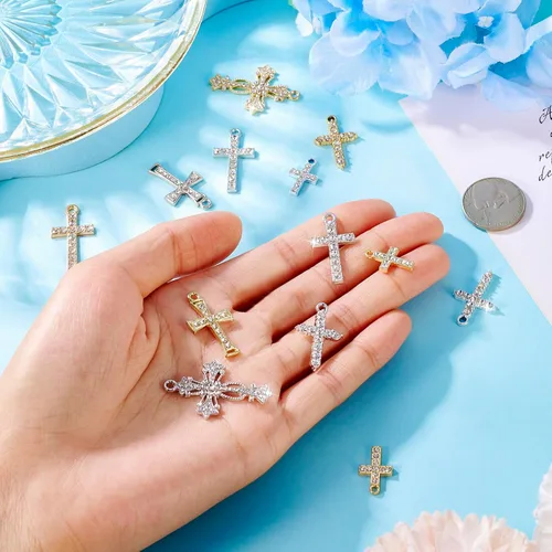 Miniatura 6 de 20 dijes de cruz con diamantes de imitación de cristal y crucifijo colgantes, colgantes de rosario de plata dorada para Pascua, joyería, pulsera
