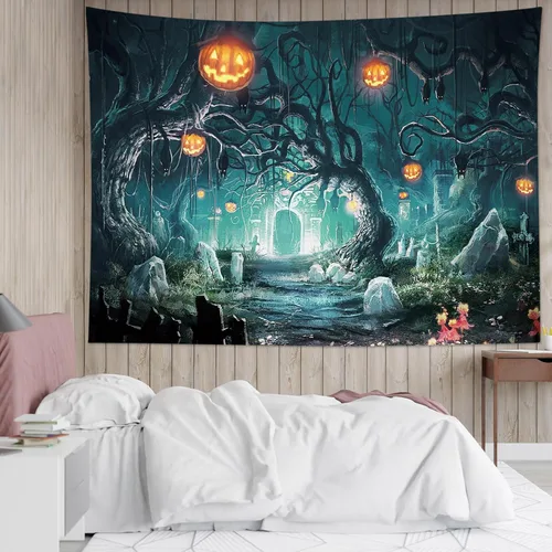 Miniatura 30 de HVEST Tapiz de Halloween de luna llena, lápida de cuervo negro, árbol muerto, tapiz para dormitorio, cementerio gris aterrador, bosque, decoración