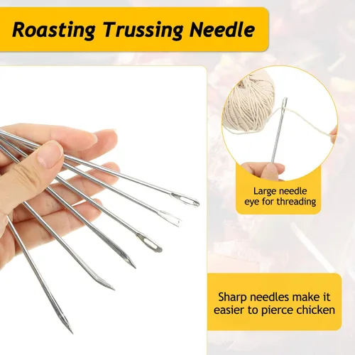 Miniatura 6 de Kit de 7 cordones para aves de corral, lacer de pavo de 7 pulgadas, suministros para asar carne, pasador de acero inoxidable y cordel de algodón