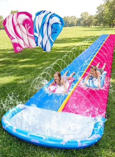 Miniatura 8 de JOYIN - Toboganes de agua de 22.5 pies y 2 tablas de bodyboard, tobogán de agua para césped, juguete de verano con rociador integrado para patio