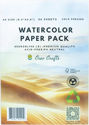 Creo Crafts Papel de acuarela profesional | Papel prensado en frío A5 de 300 GSM, sin ácidos, 50 hojas, ideal para artistas, dibujo profesional,