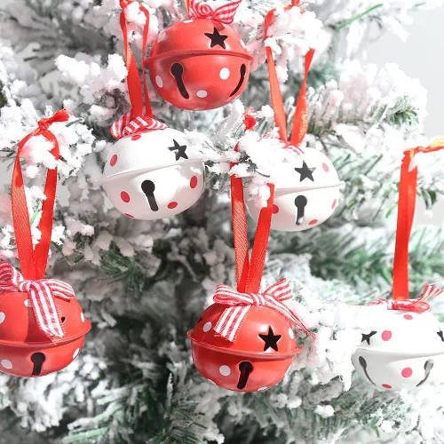 Miniatura 6 de Cascabeles de Navidad, 12 campanas artesanales con copo de nieve para adornos de corona de árbol, decoraciones navideñas de bricolaje (blanco y rojo)