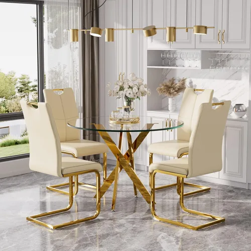 Miniatura 28 de Juego de mesa de comedor redonda moderna de vidrio de 36 pulgadas para 2, mesa de comedor de vidrio con patas cruzadas de metal, mesa de cocina