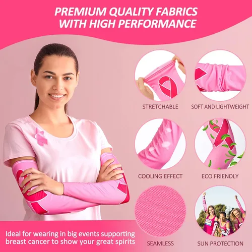 Miniatura 5 de Geyoga 4 pares de mangas de concientización sobre el cáncer de mama, mangas de compresión de enfriamiento con cinta rosa, protección UV