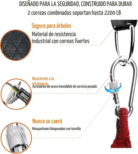 Miniatura 3 de Kit de correas colgantes para columpio de árbol, resistente soporta 2200 libras, 5 pies, extra largo, con mosquetones de bloqueo más seguro y bolsa