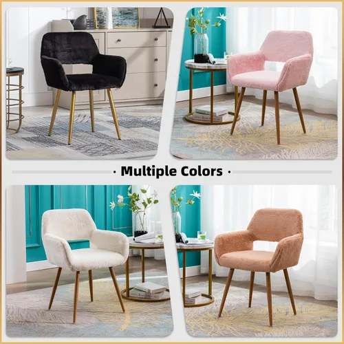 Miniatura 9 de Silla de escritorio peluda, moderna silla de oficina en casa sin ruedas, silla de tocador de piel sintética con respaldo hueco, cómodo sillón