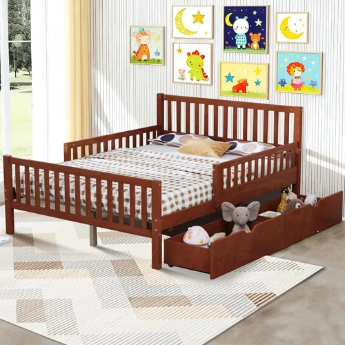 Miniatura 11 de Bellemave Base de cama individual para niños con vallas y 2 cajones, plataforma de madera tamaño individual con barandillas en ambos lados