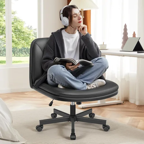 FelixKing Silla Criss Cross con Ruedas, Silla de Oficina con Patas Cruzadas, Silla de Escritorio Ancha sin Brazos con Cuero PU Cómodo y Respaldo -