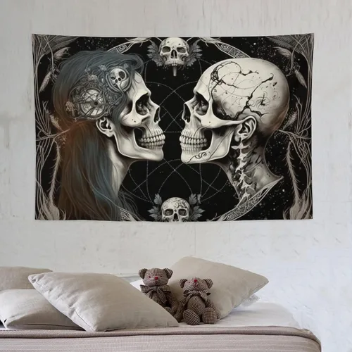 Naykow Tapiz hippie de calavera, esqueleto gótico, tarot, tapiz de luna bruja, grunge, tapiz estético para dormitorio, tapiz de Santa Muerte,