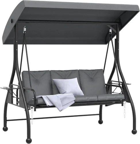 Miniatura 13 de Cama columpio para porche de 3 asientos con toldo ajustable y cojines extraíbles, marco de acero resistente, columpio para patio al aire libre, Azul