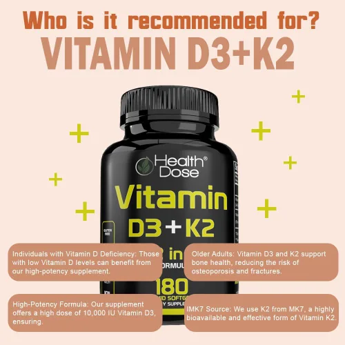 Miniatura 7 de Health Dose Suplemento de vitamina D3 10,000 UI + K2 (MK7), fórmula 2 en 1, apoyo inmunológico, un estado de ánimo saludable, corazón