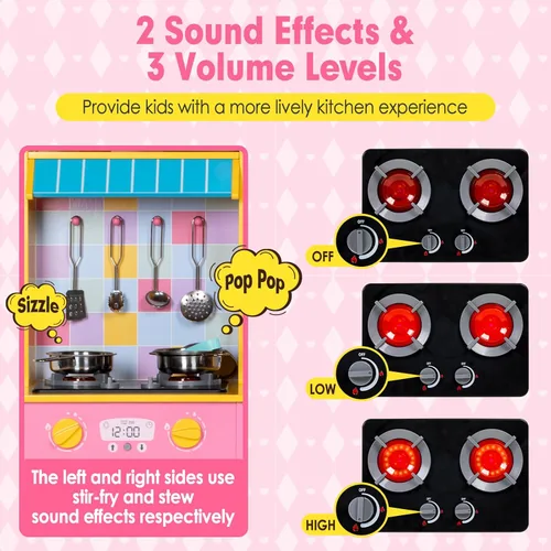 Miniatura 3 de BRINJOY Juego de cocina para niños, cocina de madera para niños con grifo, fregadero, estufa, horno, cortinas, utensilios de cocina, armarios