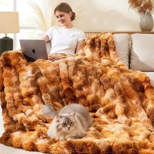 Miniatura 20 de L'AGRATY - Manta de piel sintética de 50" x 60" de lujo, suave y esponjosa, de pelo de conejo, para cama, sofá o diván - Manta mullida y decorativa