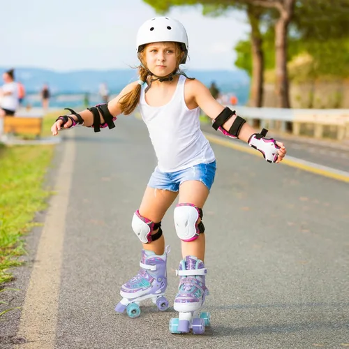 Miniatura 5 de MammyGol Patines de Ruedas para Niñas Niños, 4 Tamaños Ajustables Patines Cuádruples para Niños Pequeños Interiores Exteriores Edades 3-8, Rosa Azul