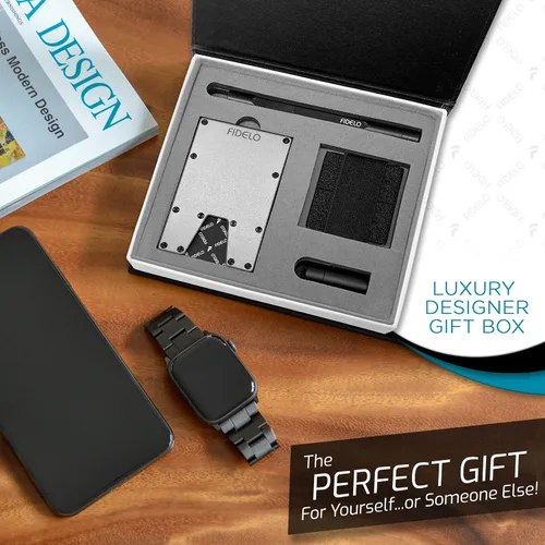 Miniatura 6 de Fidelo Billetera minimalista para hombre Cartera delgada con bloqueo RFID para tarjetas de crédito hecha de aluminio 7075. La cartera compacta