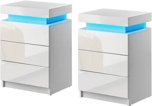 Miniatura 9 de CLIPOP Moderna mesita de noche, mesita de noche LED con 2 cajones de alto brillo, armario de mesita de noche con luz de control remoto, mesita
