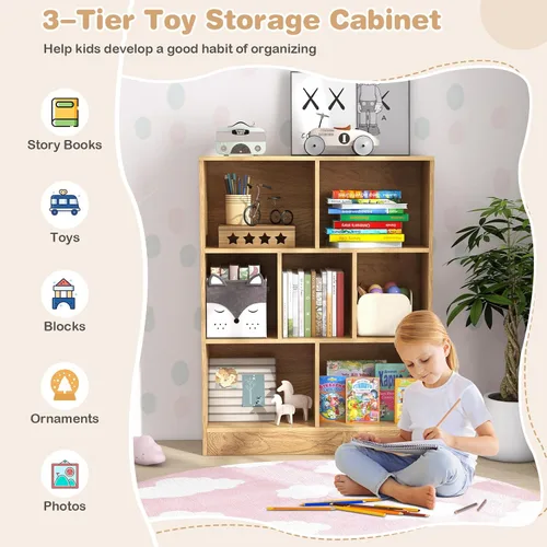 Miniatura 4 de HONEY JOY Organizador de almacenamiento de juguetes para niños, gabinete de almacenamiento de madera de 7 secciones, baúl de juguetes de guardería