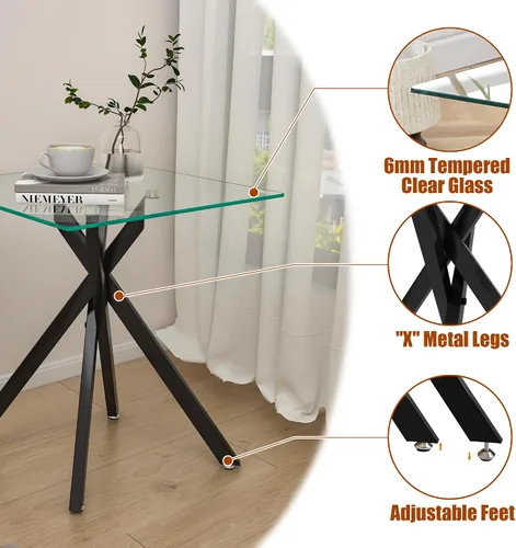 Miniatura 5 de Mesa auxiliar pequeña de vidrio con patas de metal negro, moderna mesa auxiliar cuadrada de vidrio templado transparente con diseño elegante