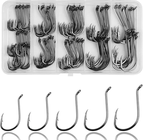 Anzuelos de pesca de pulpo, 100 unids pico de pesca Circle Hooks Kit negro Offset de acero de alto carbono pesca anzuelos agua salada agua dulce