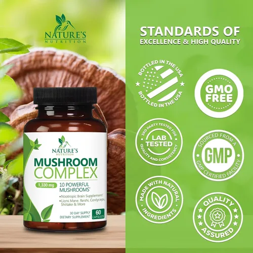 Miniatura 4 de Suplemento cerebral de hongos 10 en 1 mezcla – Complejo de hongos de alta resistencia con melena de león, cola de pavo, reishi, cordyceps, chaga