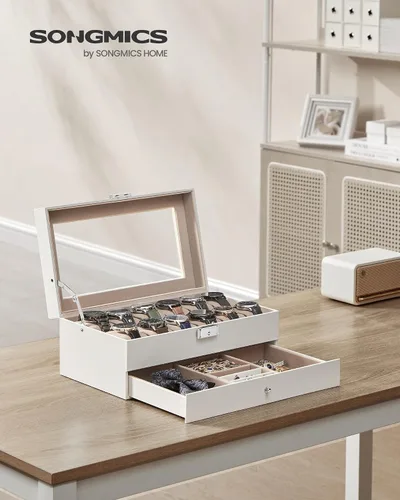 Miniatura 32 de SONGMICS UJWB012 - Caja de reloj de 12 ranuras, caja de reloj con cerradura con tapa de vidrio, 2 capas, con 1 cajón para anillos, pulseras, idea