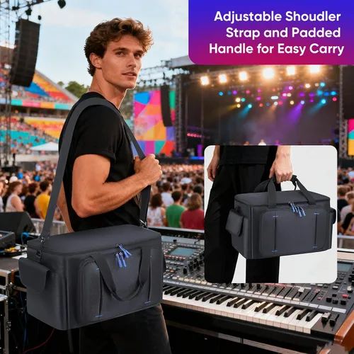 Miniatura 5 de Bolsa grande para archivos de cable de DJ con 8 divisores desmontables, bolsa de DJ acolchada con múltiples compartimentos y bolsillos para equipos