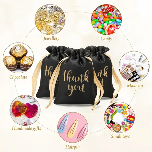 Miniatura 7 de Roowest 100 bolsas de regalo de satén con cordón de agradecimiento para joyas, bolsas de dulces para bodas, despedidas de soltera, baby shower, Negro