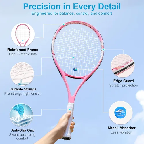 Miniatura 3 de Juego de raquetas de tenis de 27 pulgadas, raquetas de tenis preencordadas para 2 jugadores para adultos, 2 cintas de sobreagarre, 3 pelotas, 2 Rosa