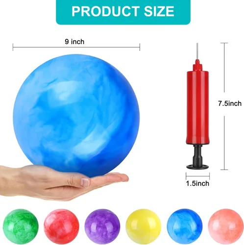 Miniatura 4 de 4 pelotas hinchables marmoleadas y 1 bomba de 9 pulgadas, bolas sensoriales inflables de playa, pelotas hinchables para el patio de recreo escolar