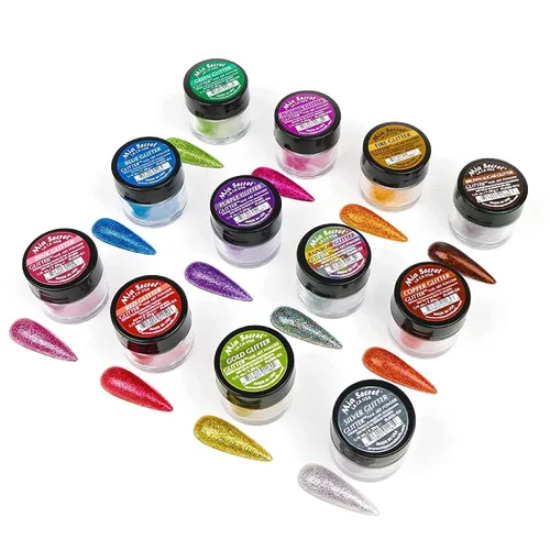 Mia Secret Colección de polvos acrílicos GLITTER (12 piezas) Colección de polvos para arte de uñas con 12 colores únicos, fabricado en Estados Unidos